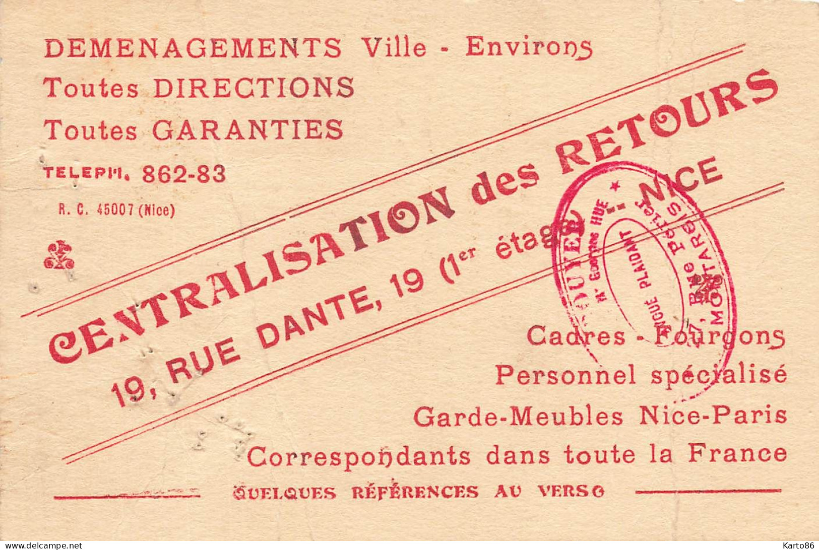 Nice * Déménagements Centralisation Des Retours , 19 Rue Dante * Carte De Visite Ancienne Publicitaire - Autres & Non Classés