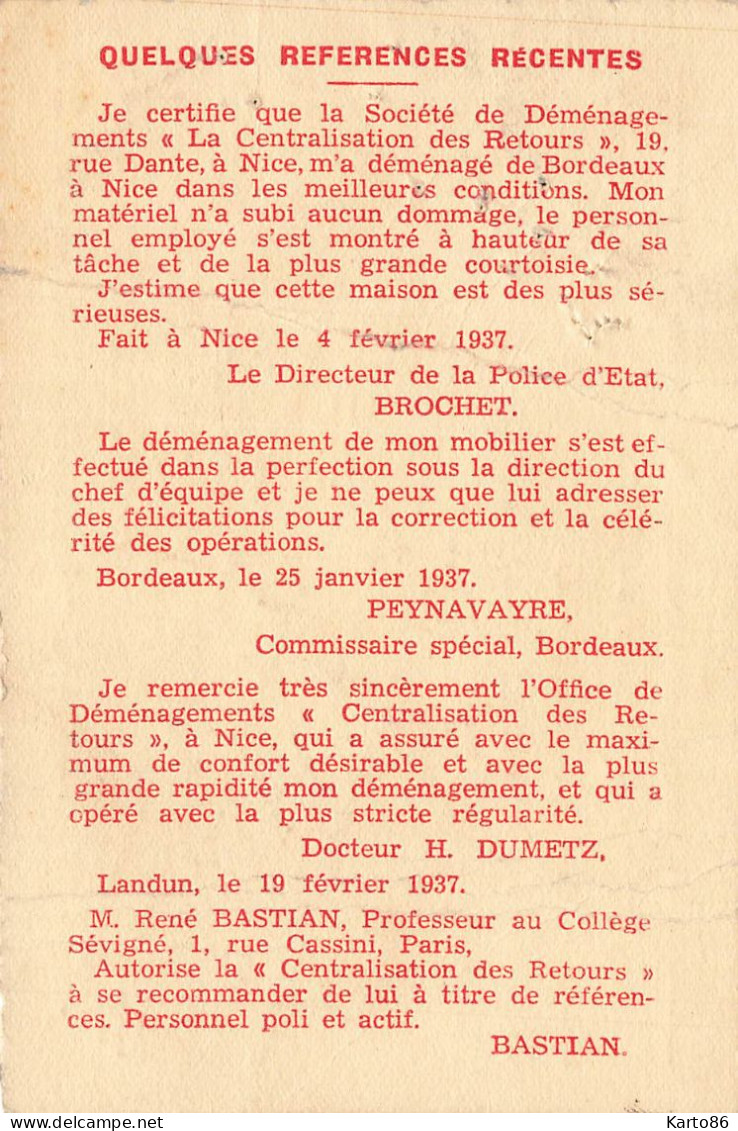 Nice * Déménagements Centralisation Des Retours , 19 Rue Dante * Carte De Visite Ancienne Publicitaire - Autres & Non Classés