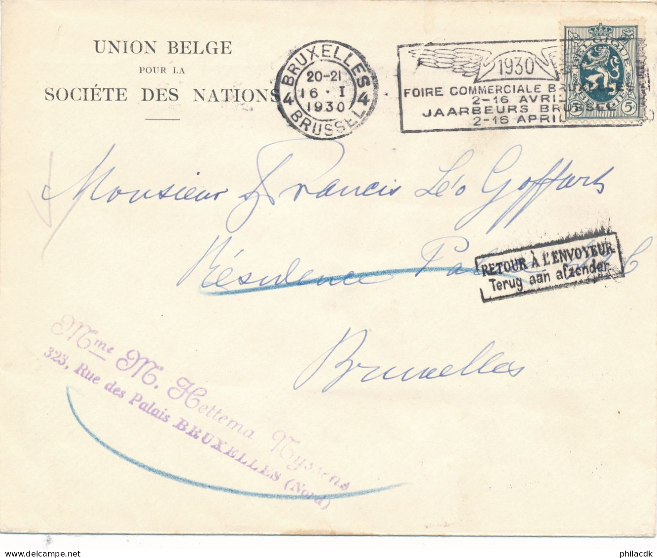 BELGIQUE - TIMBRE SUR ENVELOPPE OBLITEREE AVEC CAD BRUXELLES DU 16 JANVIER 1930 FOIRE COMMERCIALE BRUXELLES - Lettres & Documents