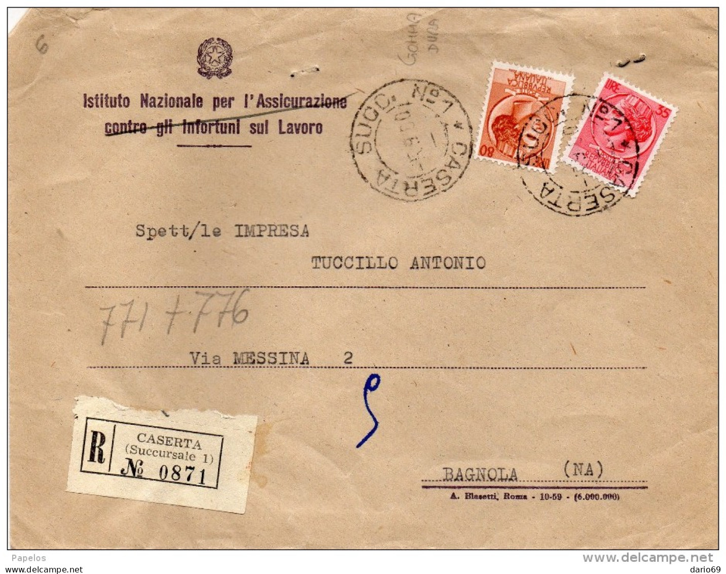 1960  LETTERA RACCOMANDATA  CON ANNULLO CASERTA  SUCCURSALE 1 - 1946-60: Marcophilie