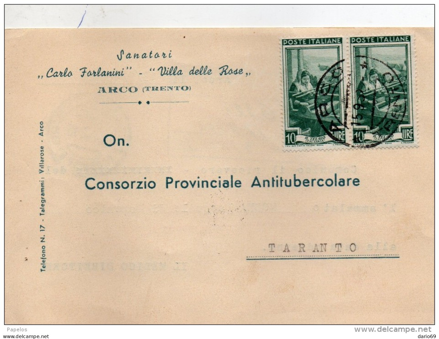 1952  CARTOLINA CON ANNULLO ARCO TRENTO - 1946-60: Marcophilie