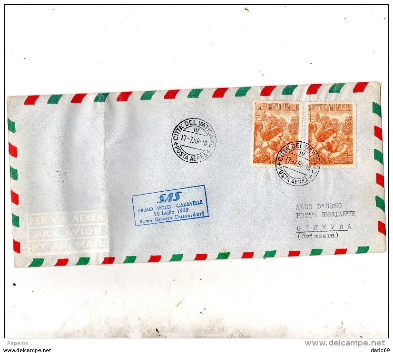 1959  LETTERA CON ANNULLO CITTA DEL VATICANO -  POSTA AEREA - PRIMO VOLO CARAVELLE 18/07/59 ROMA - GINEVRA - DUSSELDORF - Airmail