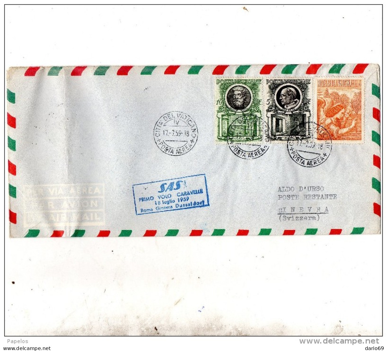 1959  LETTERA CON ANNULLO CITTA DEL VATICANO -  POSTA AEREA - PRIMO VOLO CARAVELLE 18/07/59 ROMA - GINEVRA - DUSSELDORF - Poste Aérienne