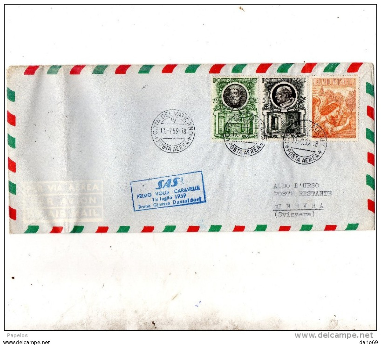 1959  LETTERA CON ANNULLO CITTA DEL VATICANO -  POSTA AEREA - PRIMO VOLO CARAVELLE 18/07/59 ROMA - GINEVRA - DUSSELDORF - Airmail