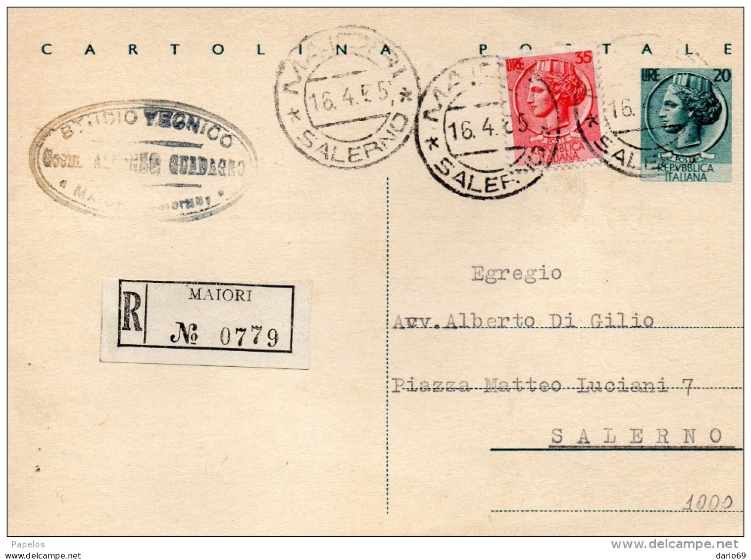 1965  CARTOLINA RACCOMANDATA CON ANNULLO MAIORI SALERNO - Stamped Stationery