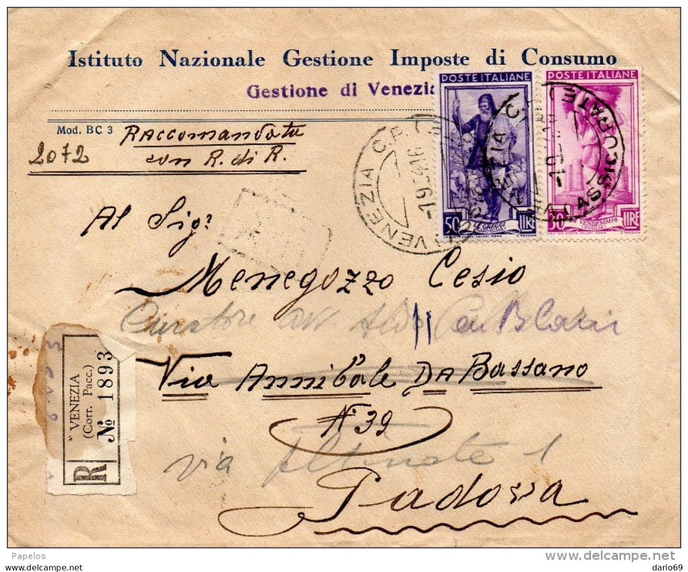 1954  LETTERA RACCOMANDATA CON ANNULLO VENEZIA - 1946-60: Marcophilie