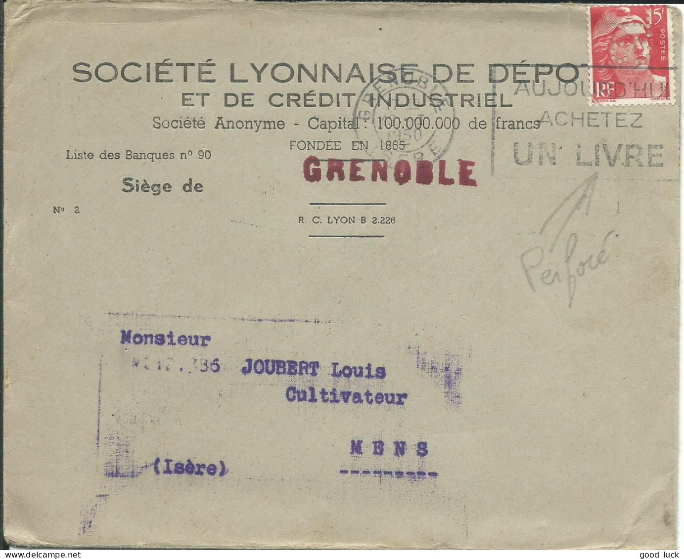 FRANCE LETTRE 15F PERFORE GRENOBLE POUR MENS ( ISERE ) DE 1950  LETTRE COVER - Lettres & Documents