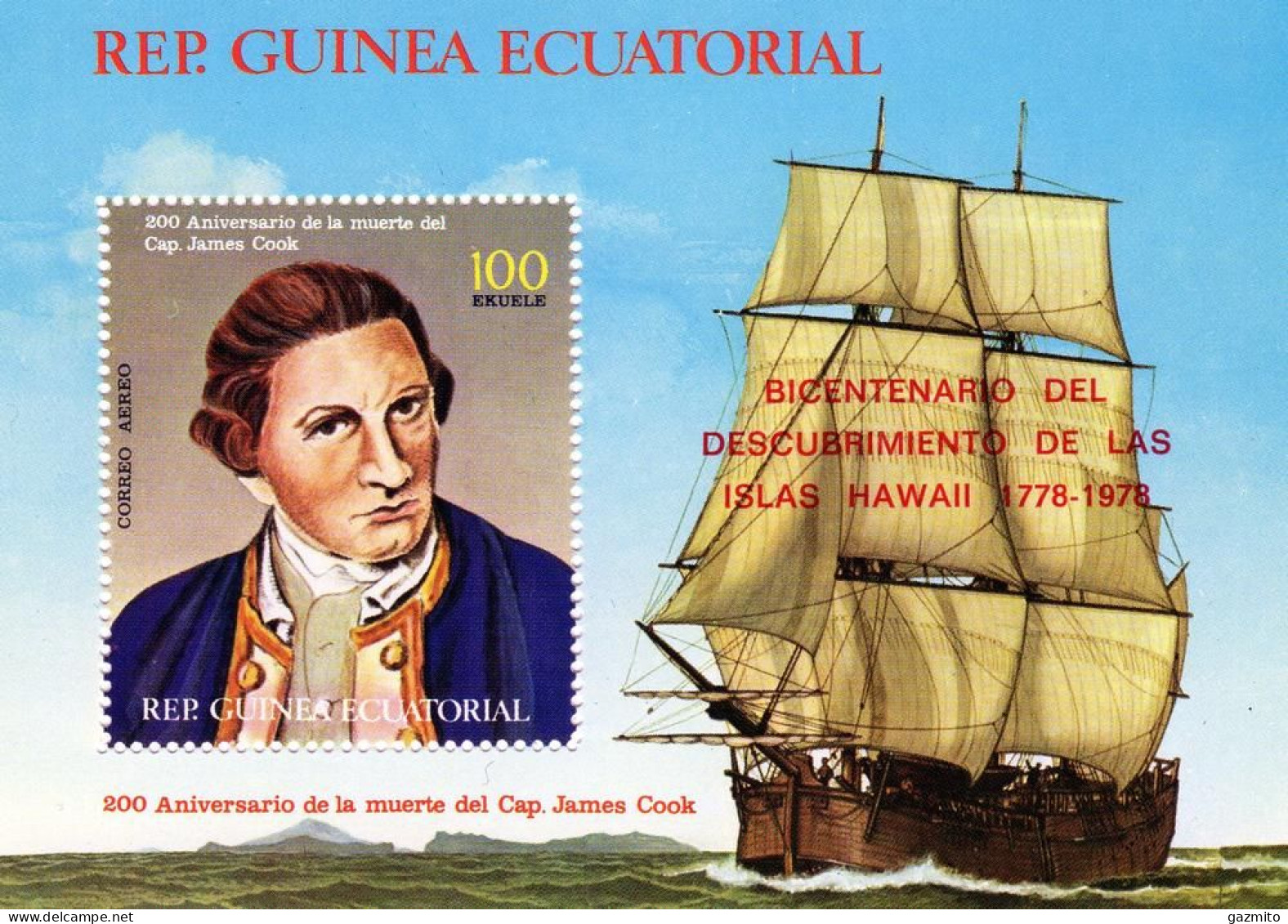 Guinea Equat. 1979, Cap. James Cook, Overp. Hawai Discovery, Block - Guinée Equatoriale