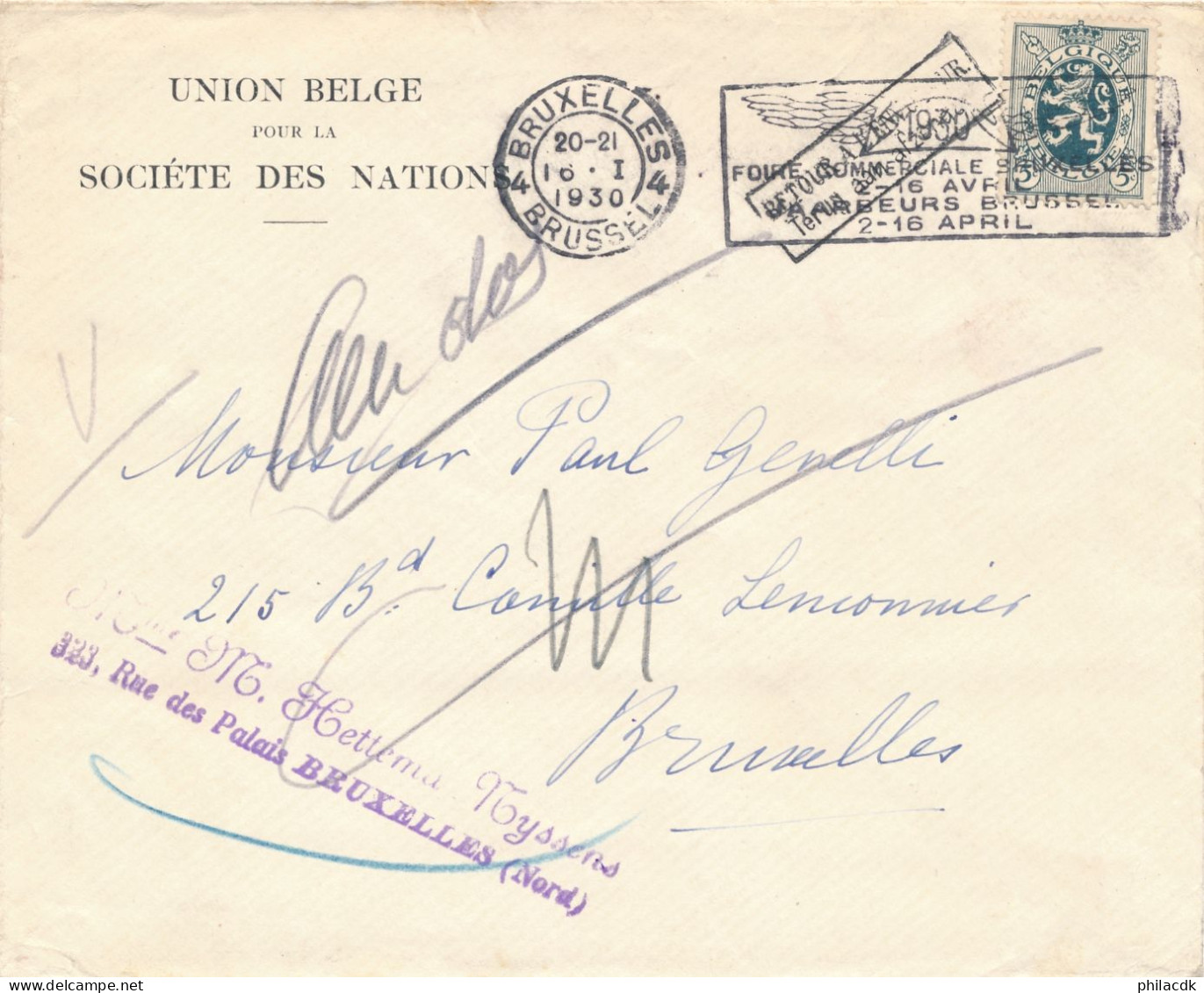 BELGIQUE - TIMBRE SUR ENVELOPPE AVEC CAD BRUXELLES DU 16 JANVIER 1930 RETOUR A L ENVOYEUR - Covers & Documents