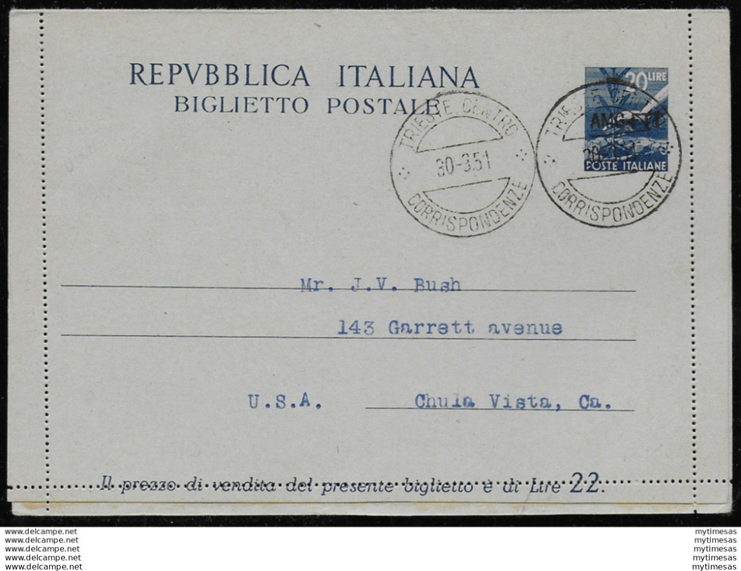 1950 Trieste A Lire 20 B4 Fil. US Biglietto Postale - Entiers Postaux