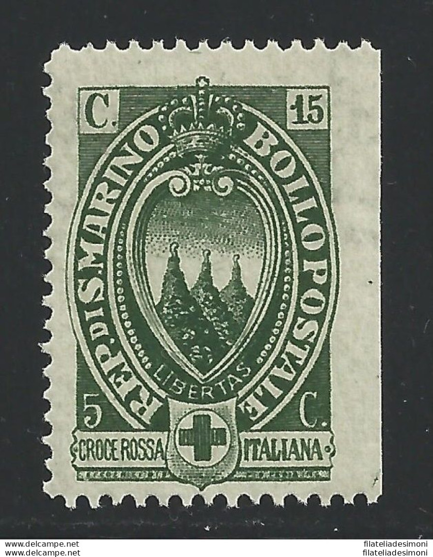 1923 SAN MARINO, N° 92a  15c. + 5c. Verde Scuro  MNH/** RARA VARIETA - Plaatfouten En Curiosa