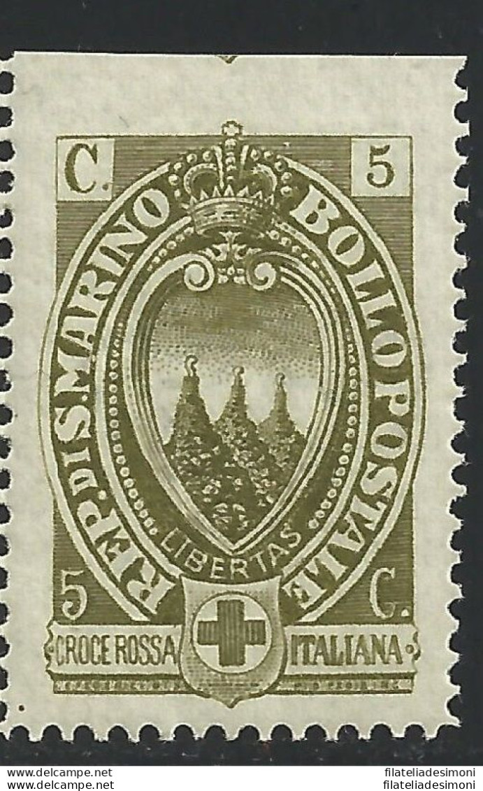 1923 SAN MARINO, N° 90  5c.+5c. Oliva Chiaro MNH/** RARA VARIETA - Abarten Und Kuriositäten