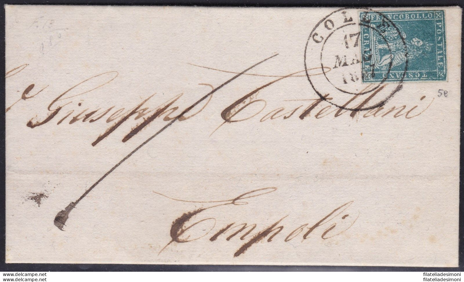 1851-52 TOSCANA, N° 5e 2 Cr. Azzurro Verdastro Su Grigio LETTERA - Toskana