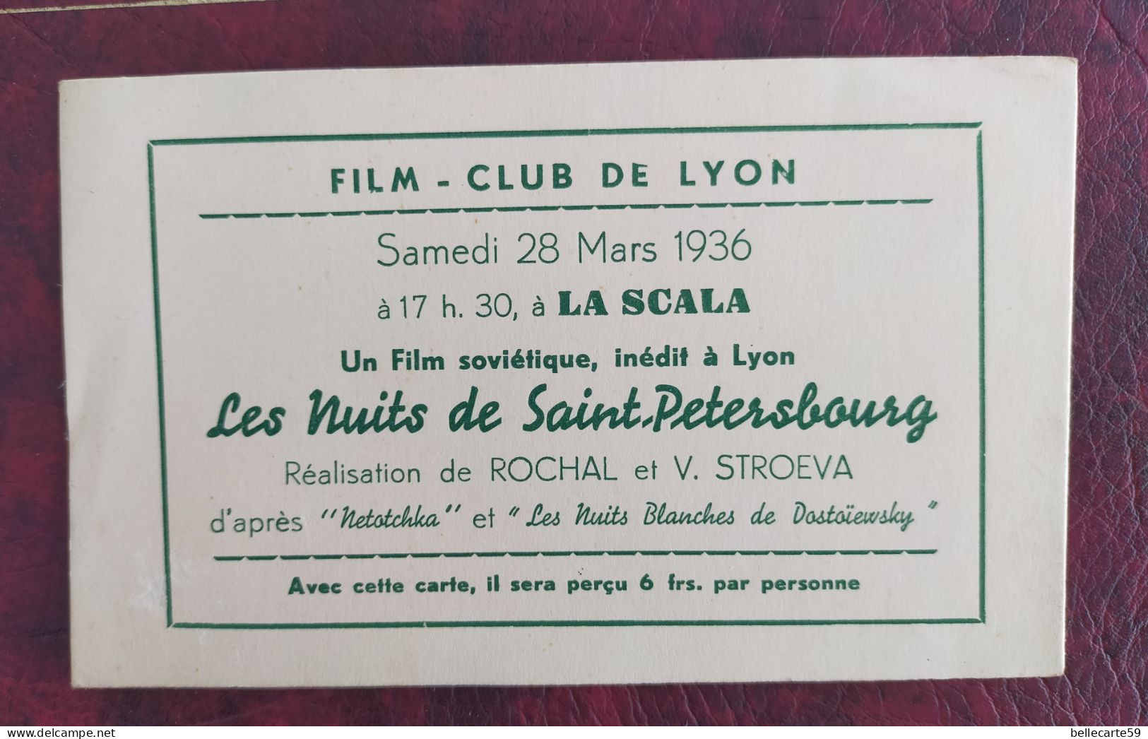 Film Club De Lyon Ticket D'entrée La Scala 1936 - Tickets - Vouchers