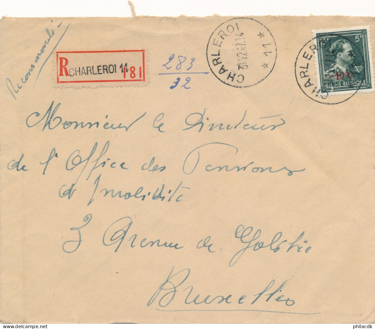 BELGIQUE - TIMBRE SUR ENVELOPPE OBLITEREE AVEC CAD CHARLEROI DU 31 DECEMBRE 1947 POUR BRUXELLES - Briefe U. Dokumente