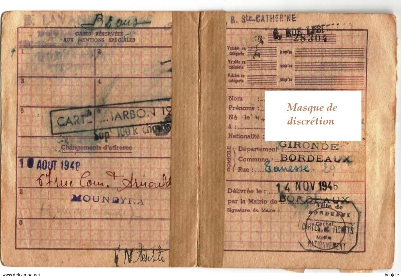 Carte De Coupons De Rationnement (avec Tickets) 14-11-1946 - Unclassified