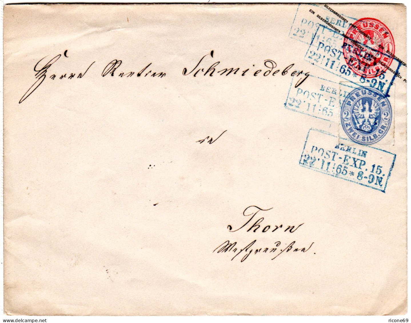 Preussen 1865, 2 Auf 1 SGr. Ganzsachenumschlag M. Blauem R3 BERLIN POST-EXP.15. - Covers & Documents