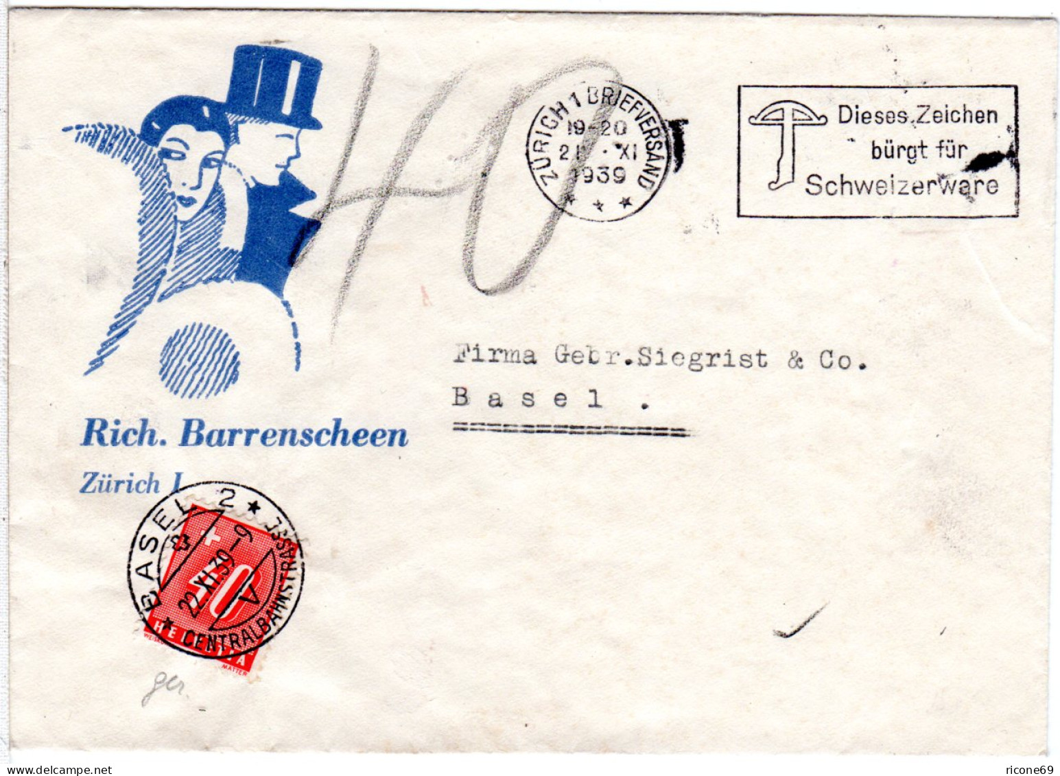 Schweiz 1939, Unfrankierter Firmen Brief V. Zürich N. Basel M. 40 C. Portomarke - Storia Postale