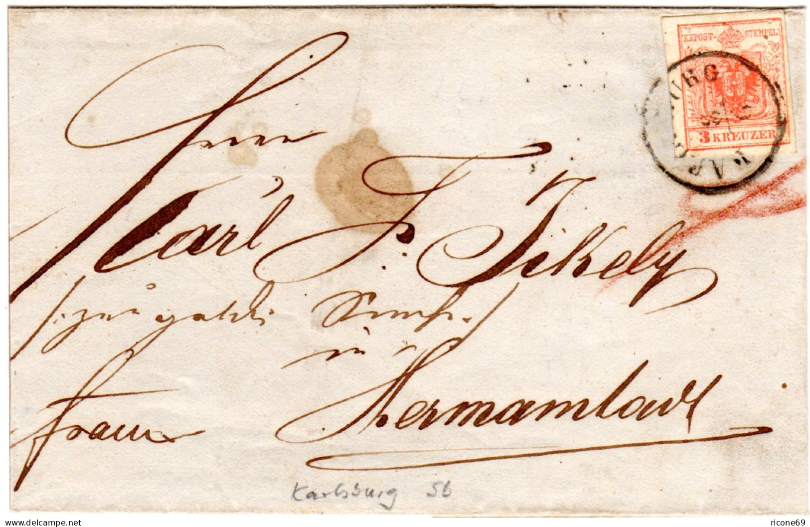 Österreich 1855, Breitrandige 3 Kr. Auf Brief M. Siebenbürgen-K1 KARLSBURG - Cartas & Documentos