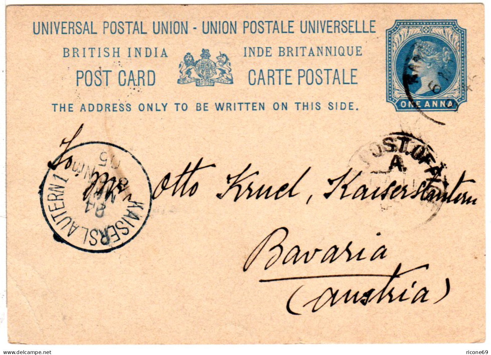 Indien 1905, 1 A. Stationery Card From Calcutta To Kaiserslautern Pfalz, Bavaria - Altri & Non Classificati
