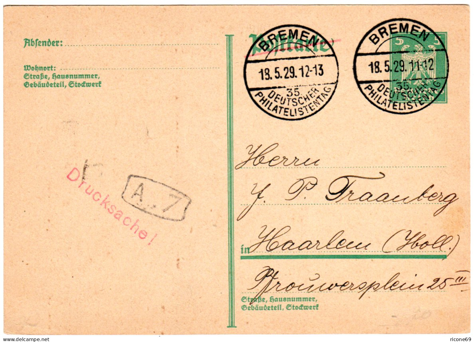 DR 1929, Sonderstpl. BREMEN 35. DEUTSCHER PHILATELISTENTAG Auf Ganzsache I.d. NL - Expositions Philatéliques
