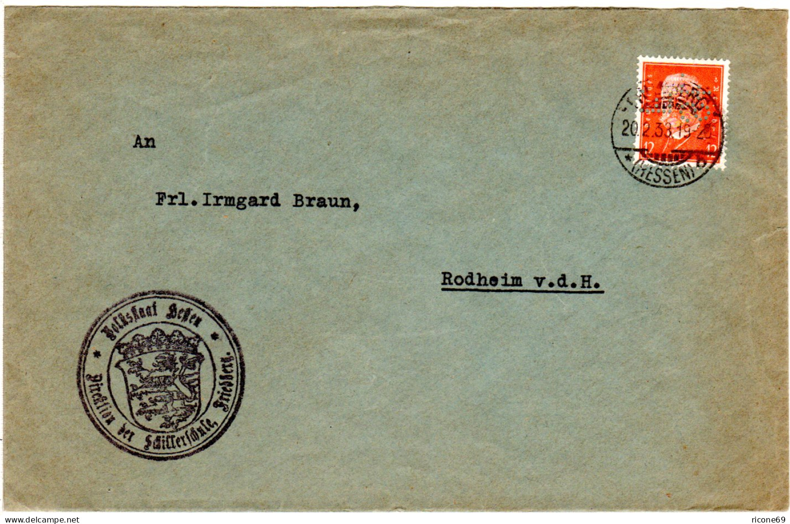 DR 1933, 12 Pf. M. Perfin Auf Schillerschule Brief V. Friedberg Hessen - Other & Unclassified