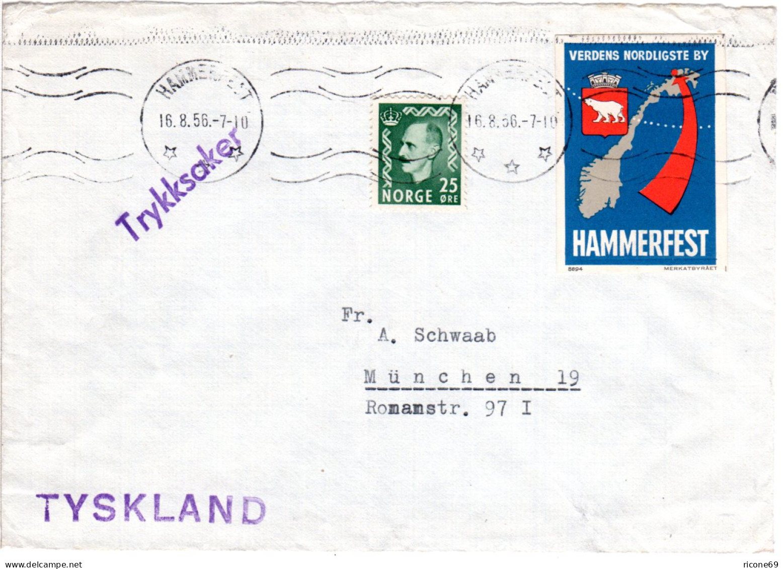 Norwegen 1956, 25 öre Auf Drucksache Brief V. Hammerfest M. Polar Vignette - Other & Unclassified