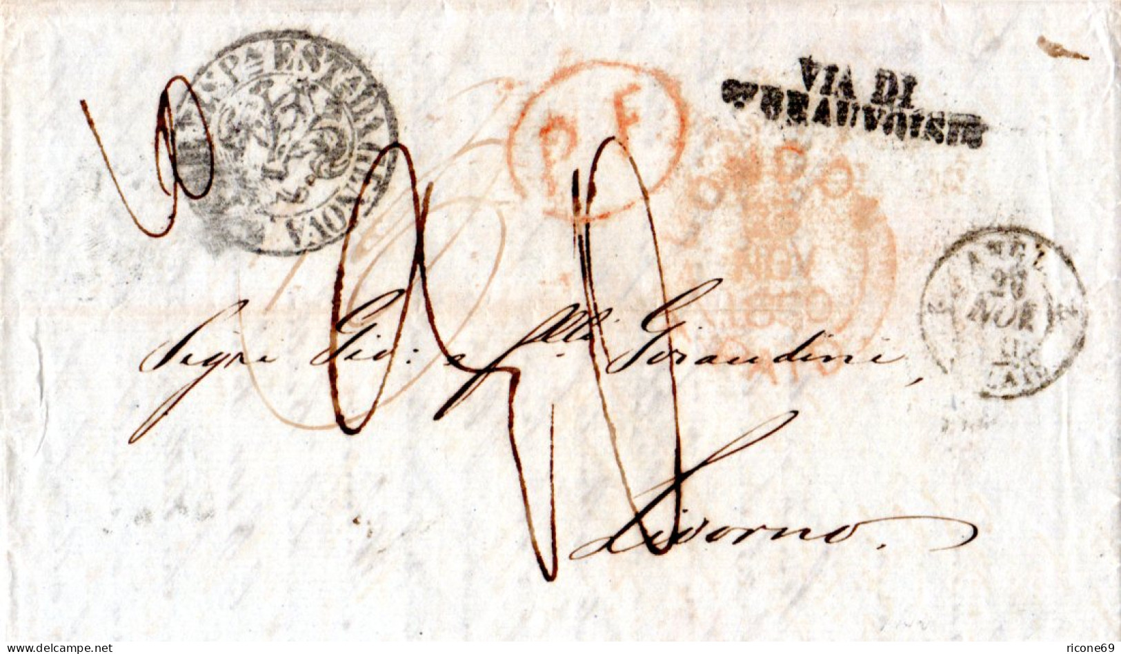 GB 1850, Roter LONDON PAID U. Andere Stpl. Auf Porto Brief N. Livorno Italien - Otros & Sin Clasificación