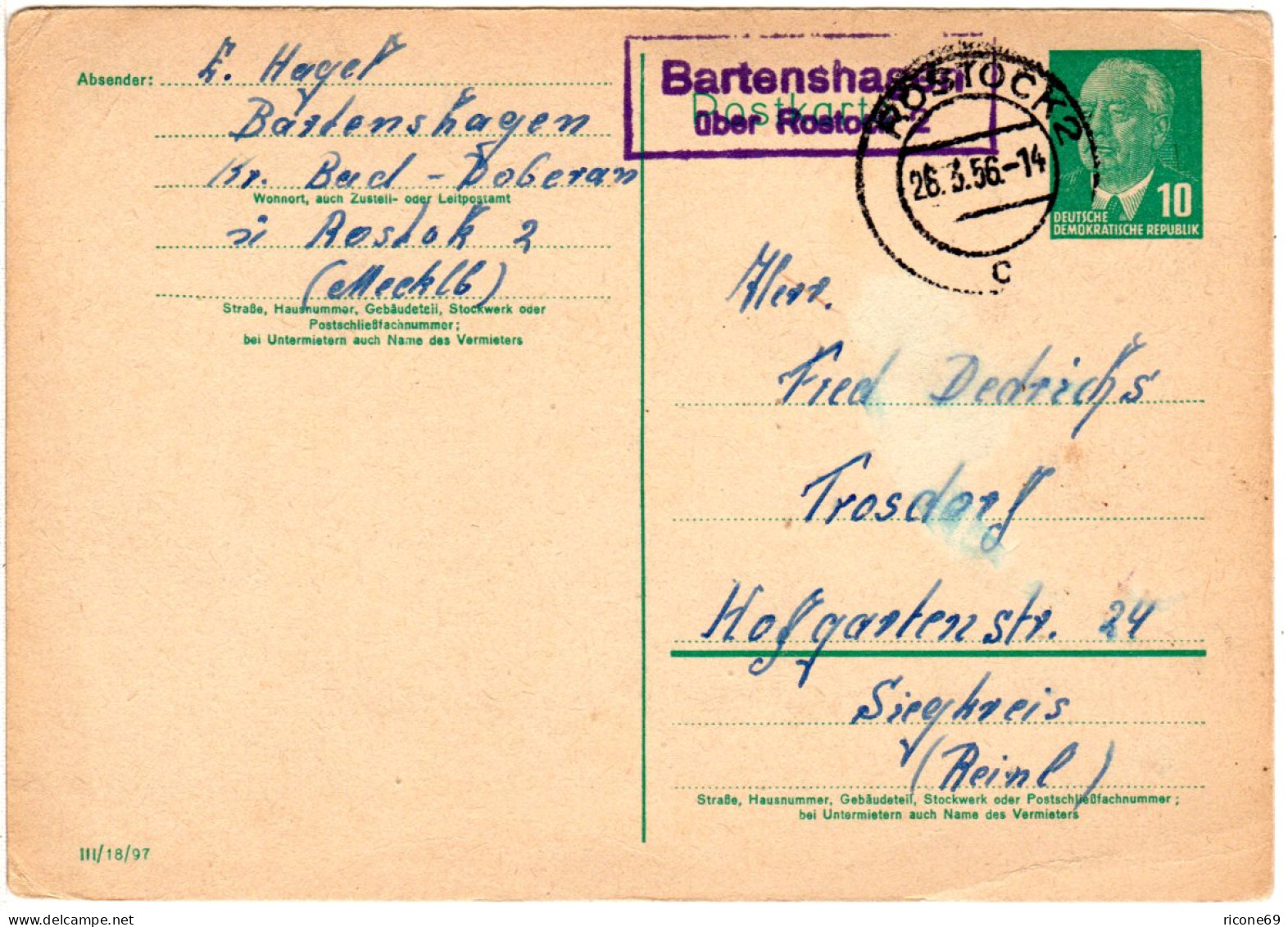 DDR 1956, Landpost Stpl. Bartenshagen über Rostock 2 Auf 10 Pf. Ganzsache - Andere & Zonder Classificatie