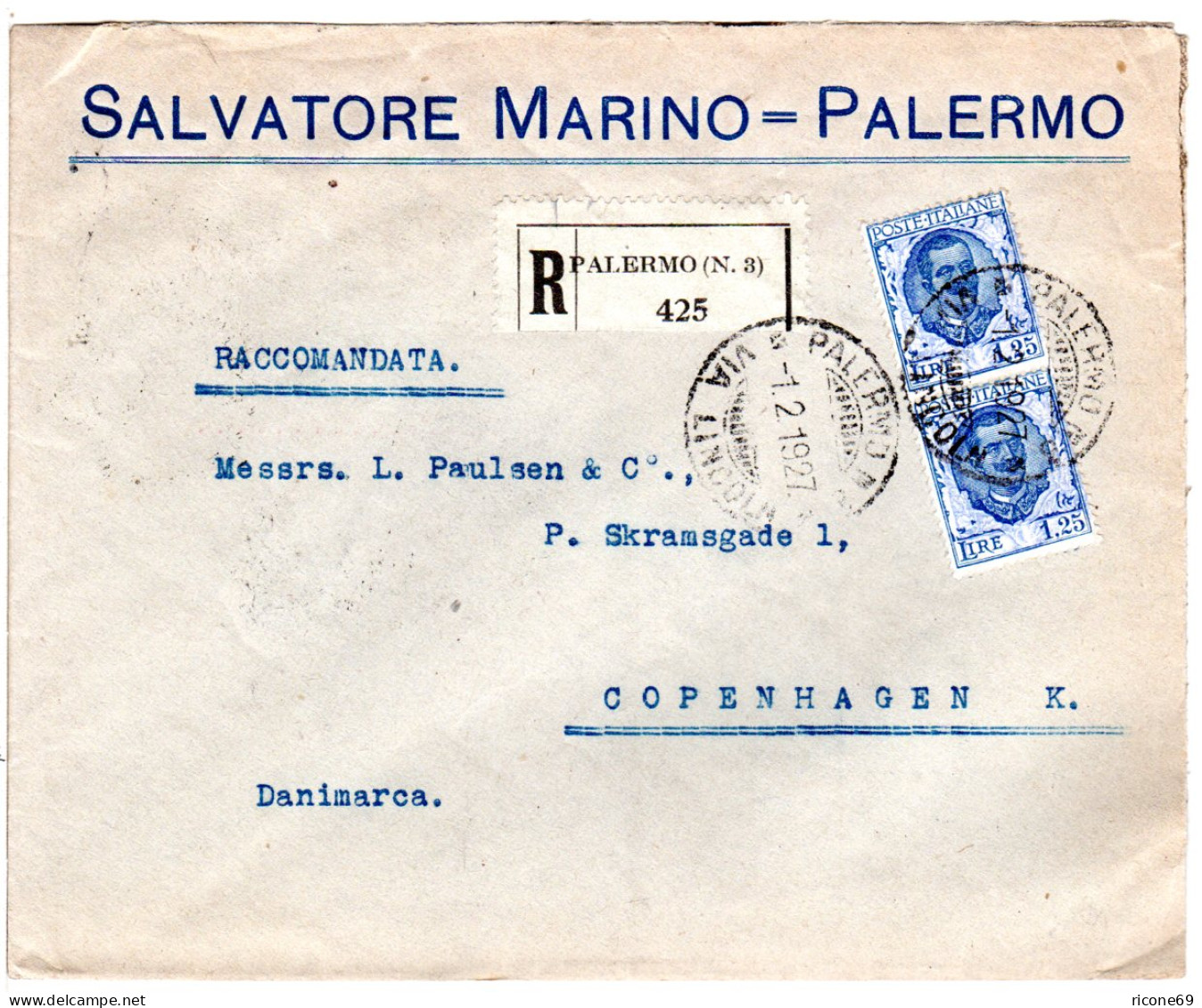 Italien 1927, Paar 1,25 L. Auf Einschreiben Brief V. Palermo N. Dänemark. - Ohne Zuordnung