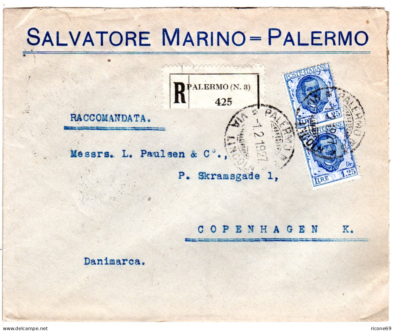 Italien 1927, Paar 1,25 L. Auf Einschreiben Brief V. Palermo N. Dänemark. - Non Classés