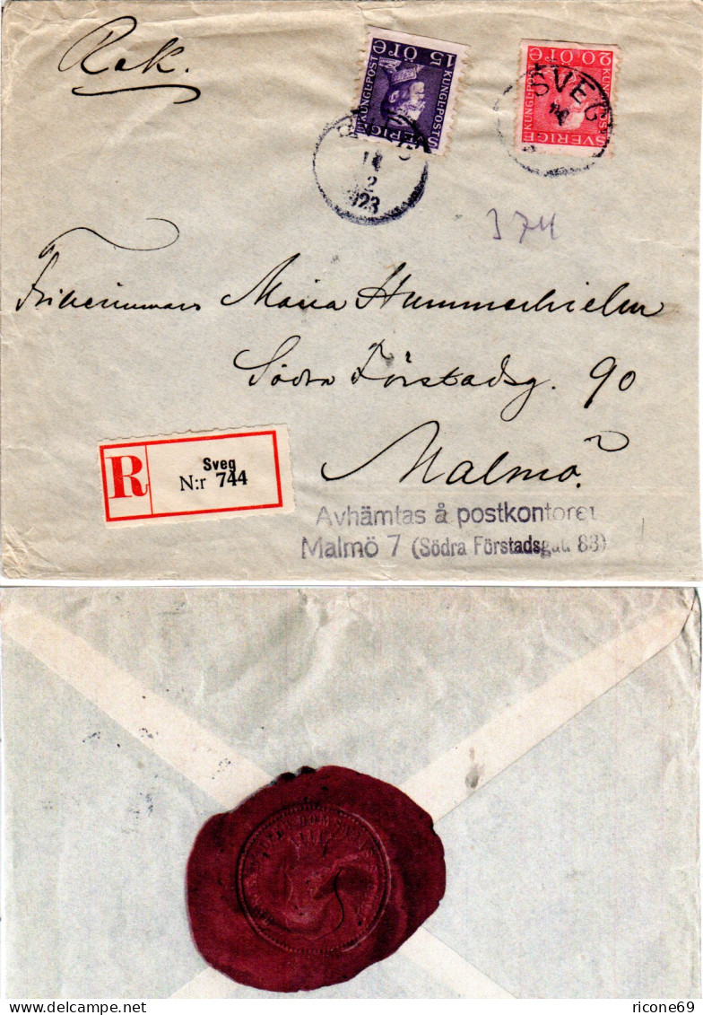 Schweden 1923, 15+20 öre Auf Gesiegeltem Reko Brief V. SVEG To Malmö - Cartas & Documentos