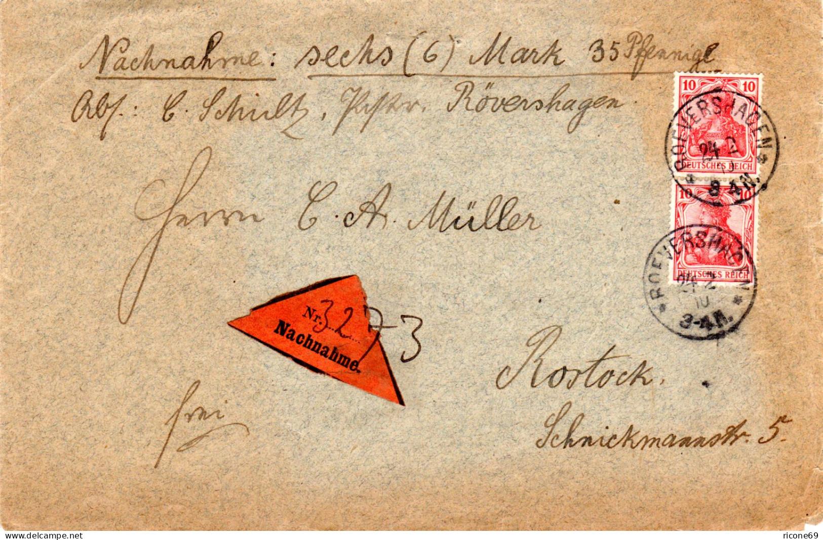 DR 1910, Paar 10 Pf. Hellrot Auf Nachnahme Brief M. Mecklenburg-K1 ROEVERSHAGEN - Covers & Documents