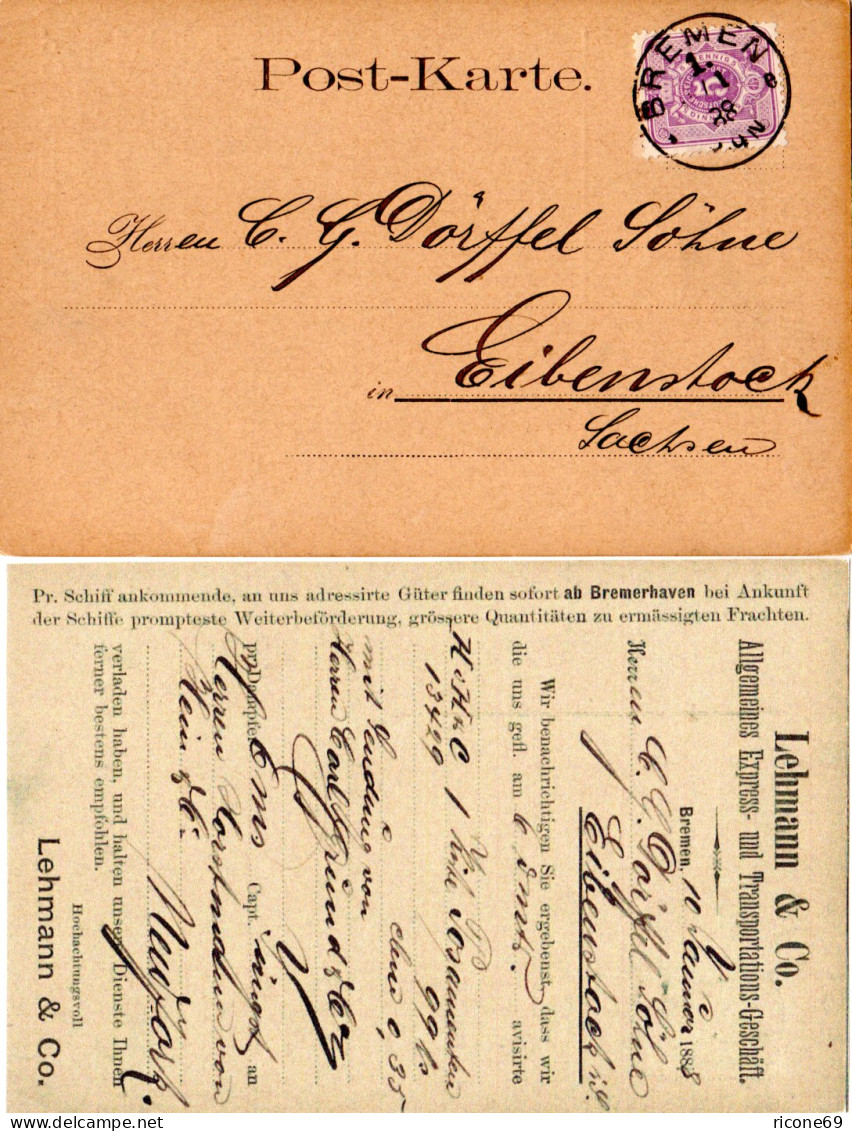 DR 1888, 5 Pf. Auf Firmen Karte V. BREMEN 1e N. Eibenstock, Sachsen - Covers & Documents