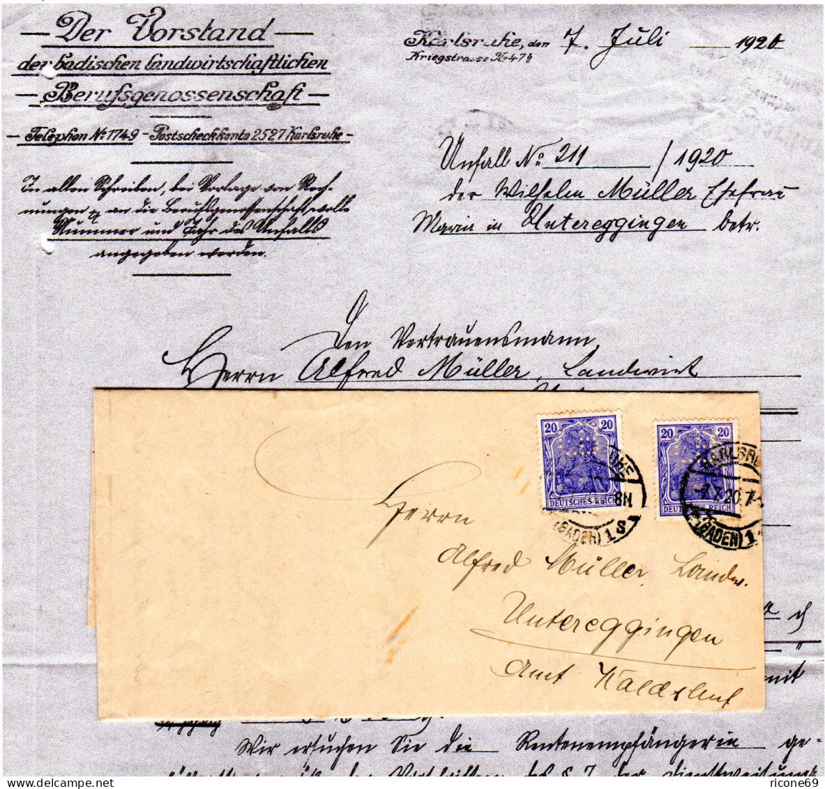 DR 1920, 2x20 Pf. Germania M. Perfin LB Auf Behörden Brief V. Karlsruhe - Covers & Documents