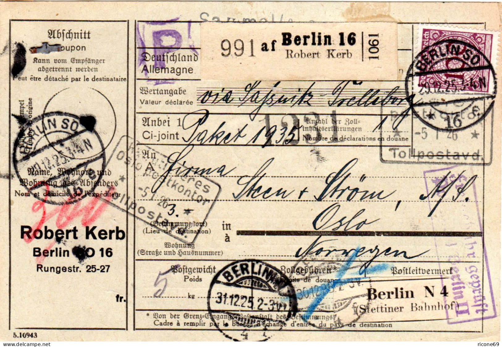 DR 1925, MeF 3x100 Pf. V- U. Rs. Auf Paketkarte V. Berlin N. Norwegen. - Covers & Documents