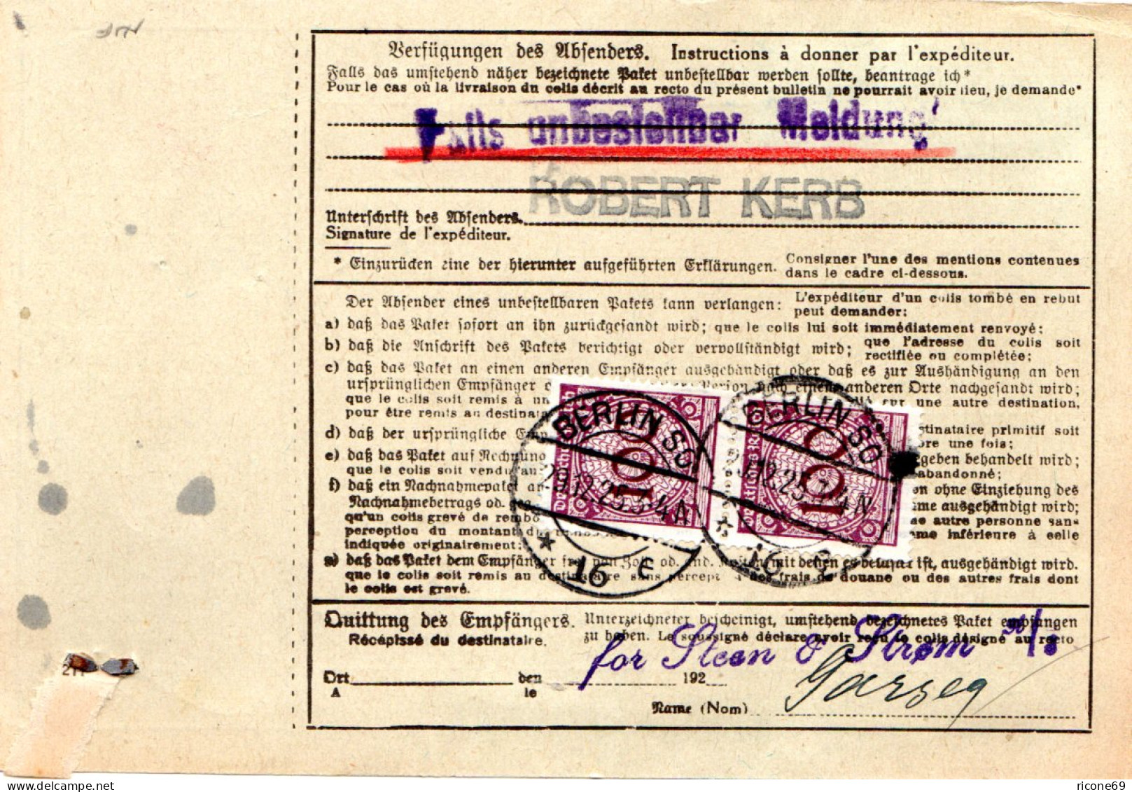 DR 1925, MeF 3x100 Pf. V- U. Rs. Auf Paketkarte V. Berlin N. Norwegen. - Covers & Documents