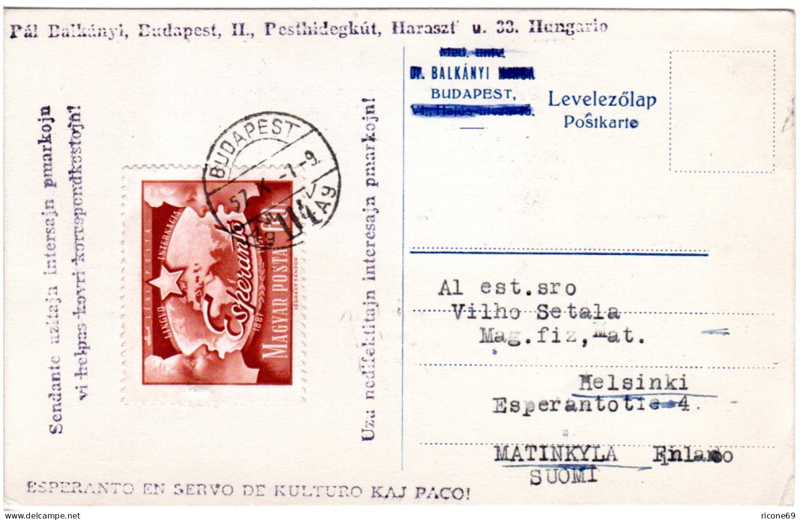 Ungarn 1957, 60 F. Esperanto Auf Entsprechender Karte V. Budapest N. Finnland. - Storia Postale