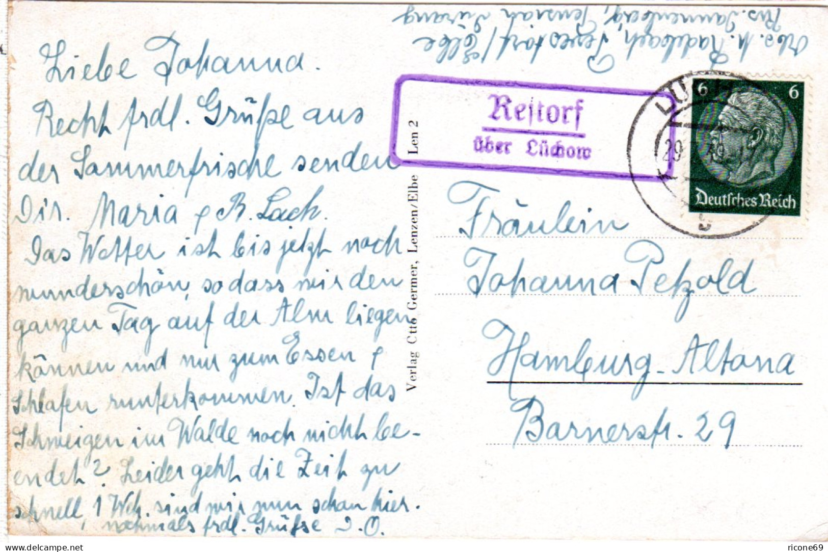 DR 1939, Landpost Stpl. RESTORF über Lüchow Auf Karte M. 6 Pf.  - Covers & Documents