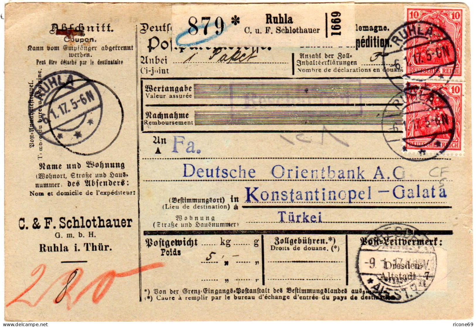 DR 1917, 2x10 Pf. M. Perfins+rücks. 2 Mk. Auf Paketkarte V. Ruhla I.d. Türkei - Covers & Documents