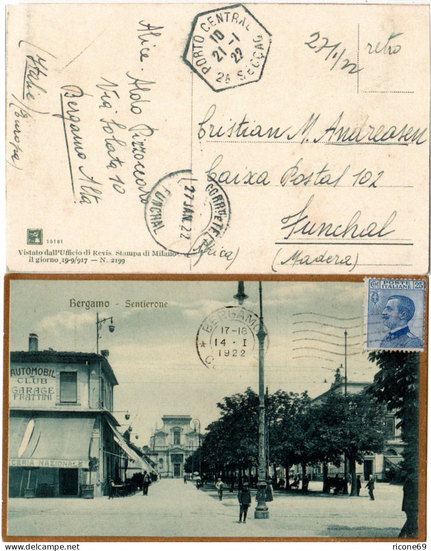 Italien 1922, 25 C. Bilds. Auf AK V. Bergamo N. Funchal Madeira. Destination! - Ohne Zuordnung