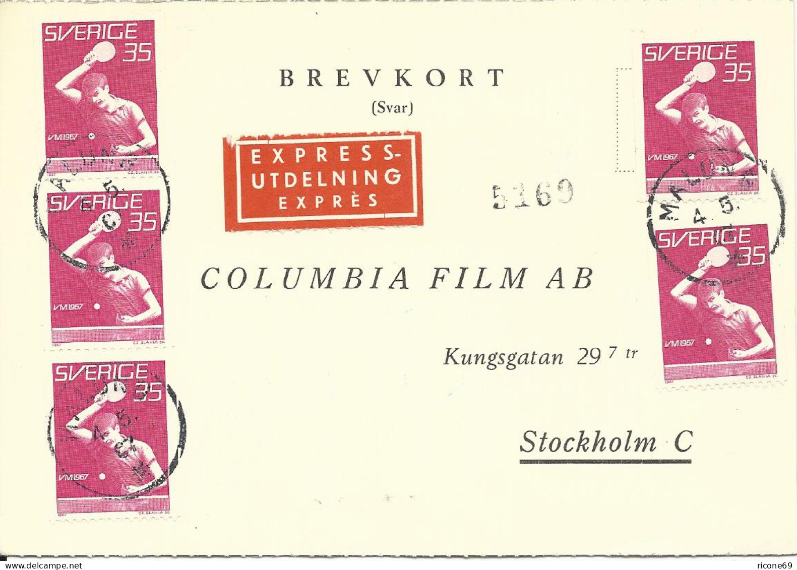 Schweden 1967, MeF 5x35 öre Tischtennis WM Auf Express Antwort-Karte  - Tischtennis