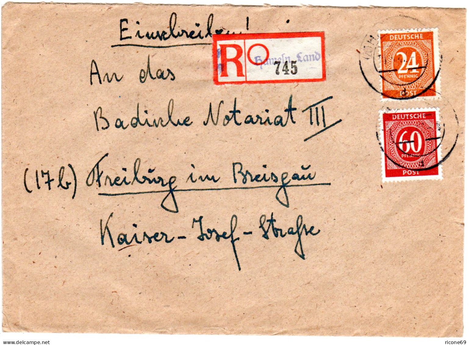 1947, 24+60 Pf. Auf Brief V. Hameln Land M. Eingestempeltem Reko-Zettel - Briefe U. Dokumente