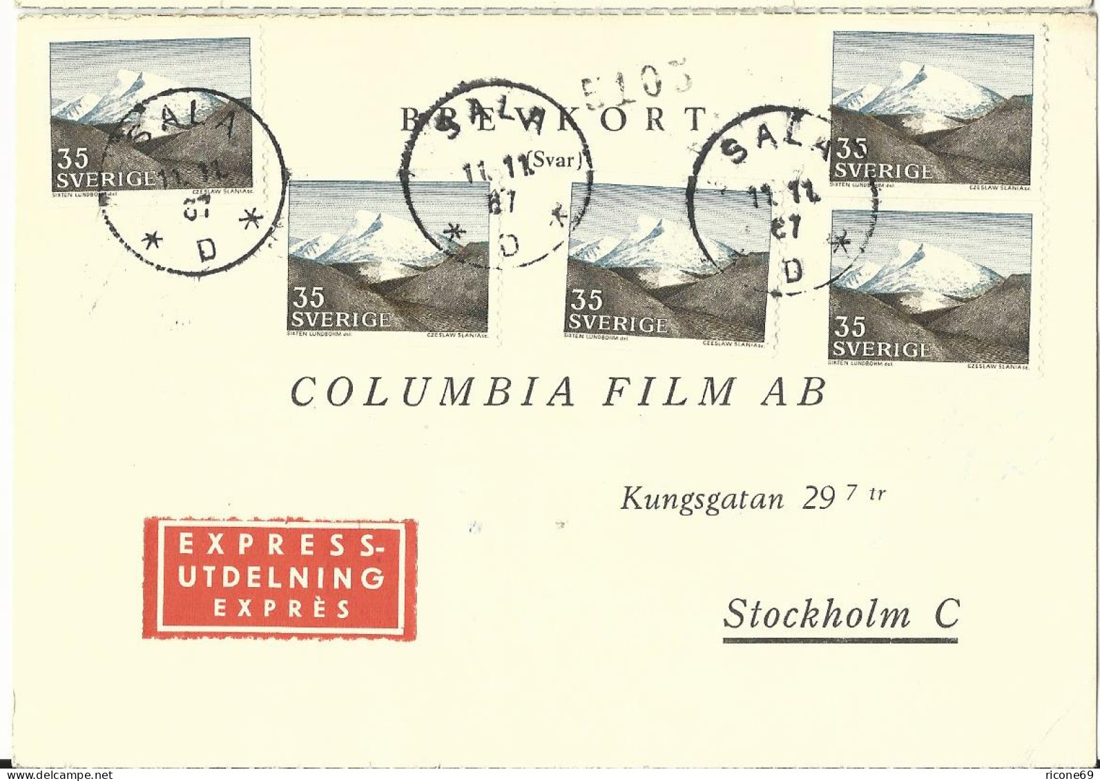 Schweden 1967, MeF 5x35 öre Gebirge (Fjäll) Auf Express Antwort-Karte V. Sala. - Arrampicata