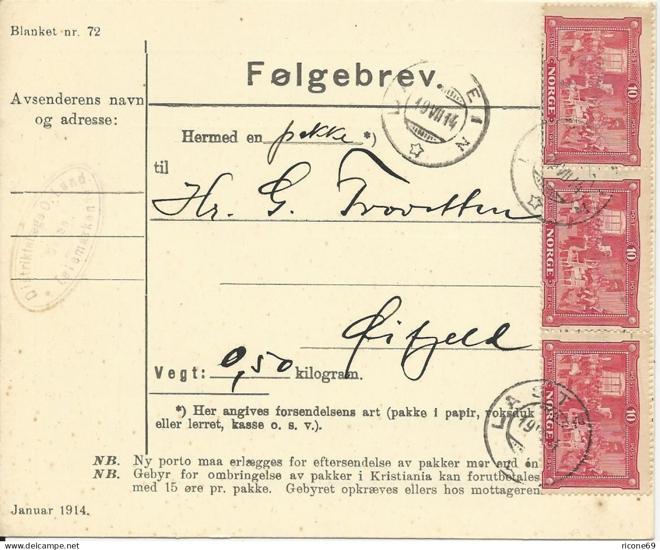 Norwegen 1914, MeF 3er-Streifen 10 öre Jubiläum Auf Paketkarte V. LASTEIN. #1744 - Otros & Sin Clasificación