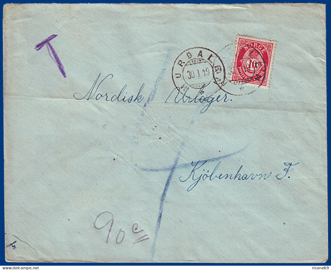 Norwegen 1919, Hurdalen (Akh), "T" Porto Brief Nach Dänemark. #S804 - Altri & Non Classificati
