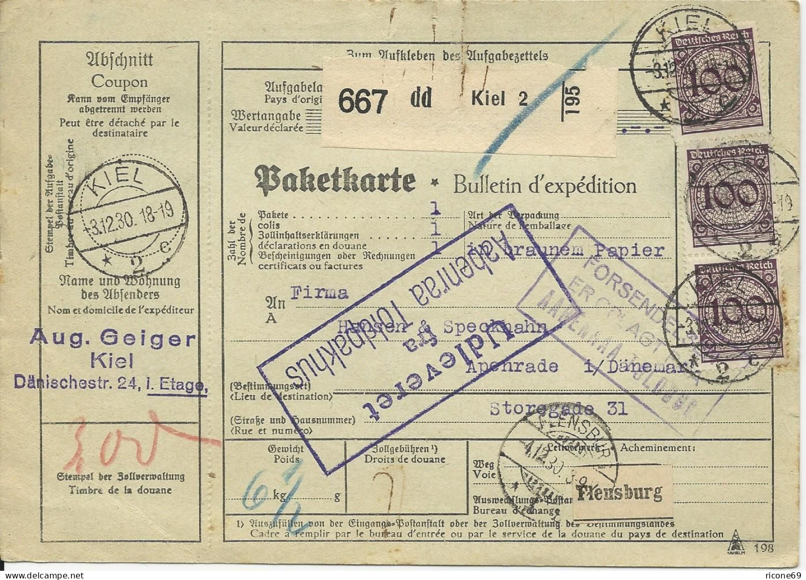 DR 1930, MeF 3x100 Pf. Auf Paketkarte  V. Kiel N. Dänemark. #1127 - Covers & Documents