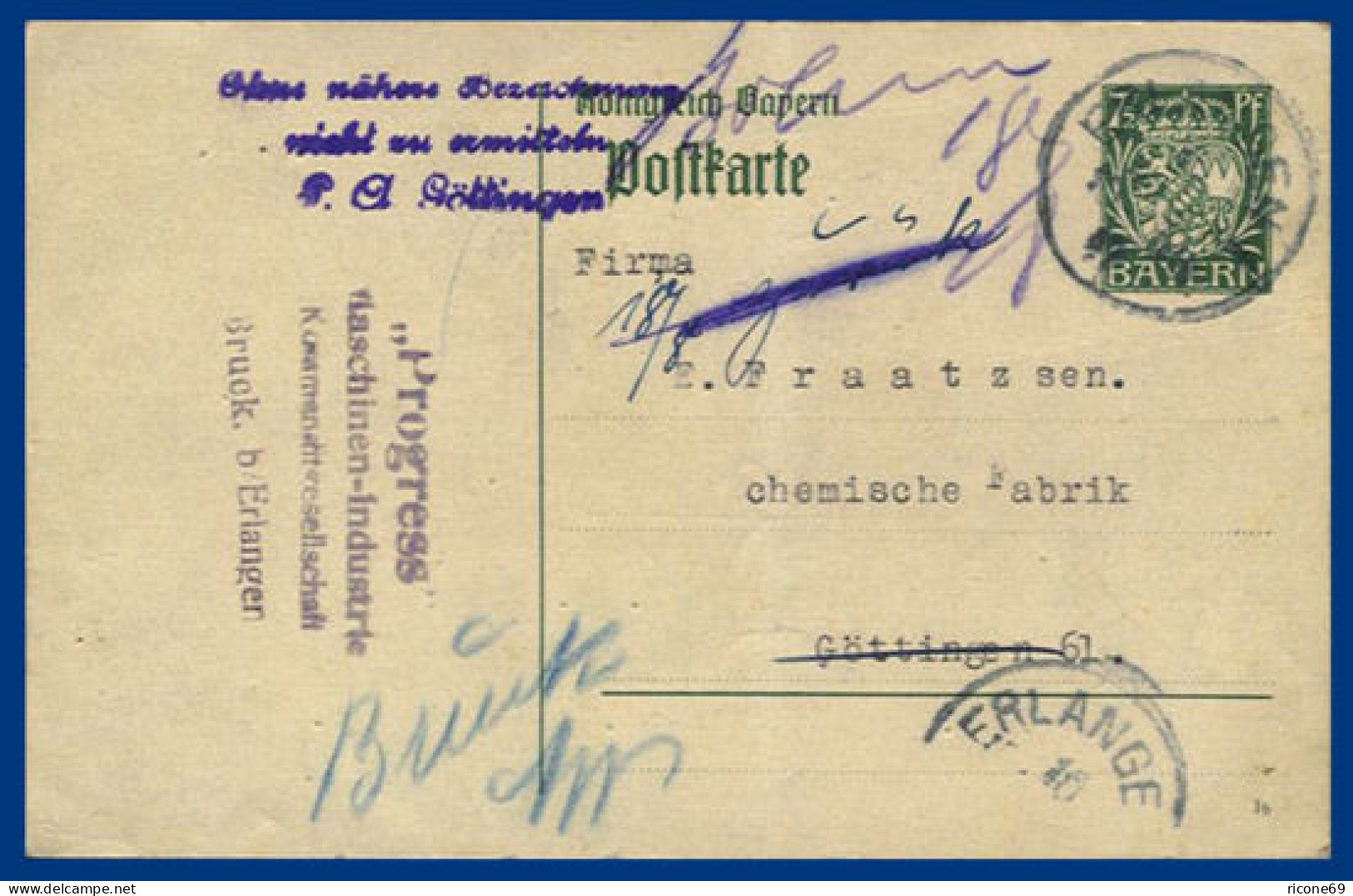 Bayern 1917, Retour Ganzsache Bruck Bei Erlangen - Göttingen (P.A.Stpl.). #S135 - Covers & Documents