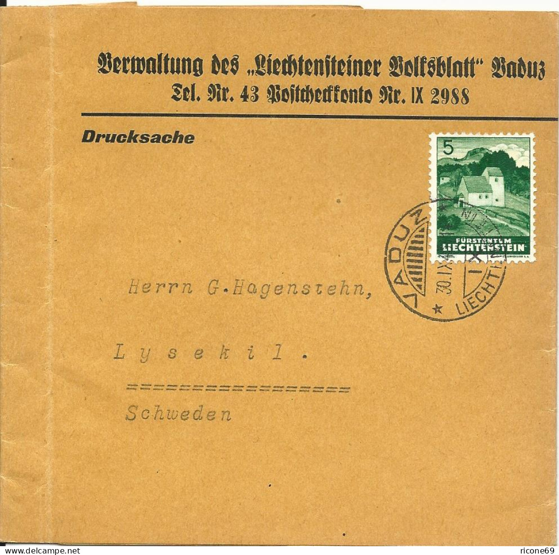 Liechtenstein 1943, Zeitungsschleife M. 5 Rp. V., Vaduz Nach Schweden. #S724 - Other & Unclassified