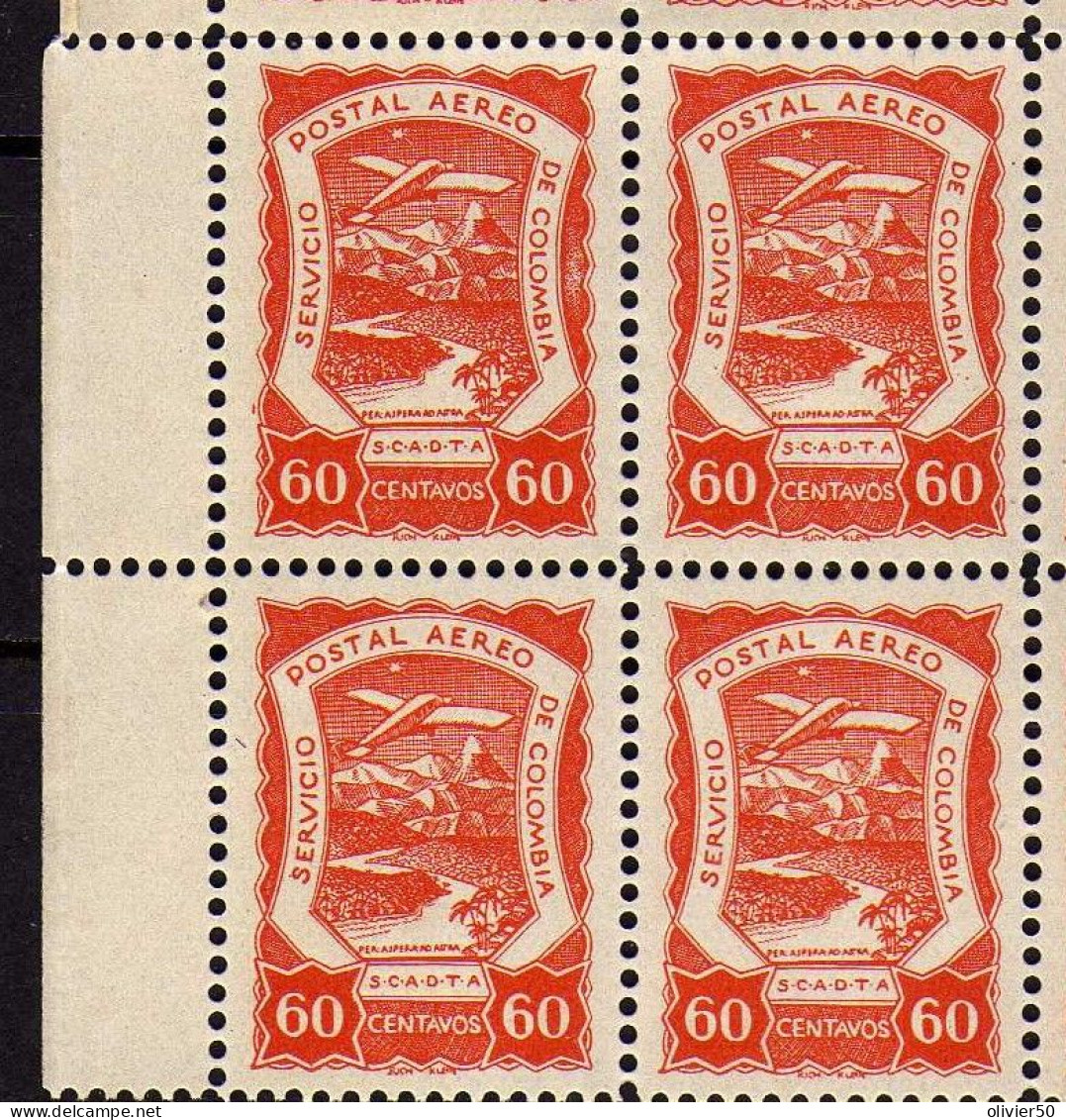 Colombie - (1921-23) -  P A  60 C. Avion En Vol - Paysage - S.C.A.D.T.A. Neufs* - Bloc De 4 Ex. - Colombia